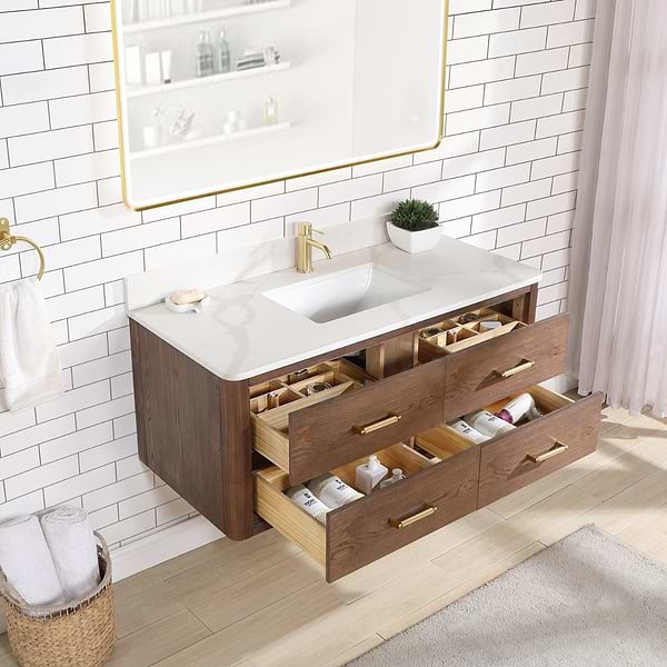 Riven Brown Oak 48" Single Vanity with Pacific White Quartz Top