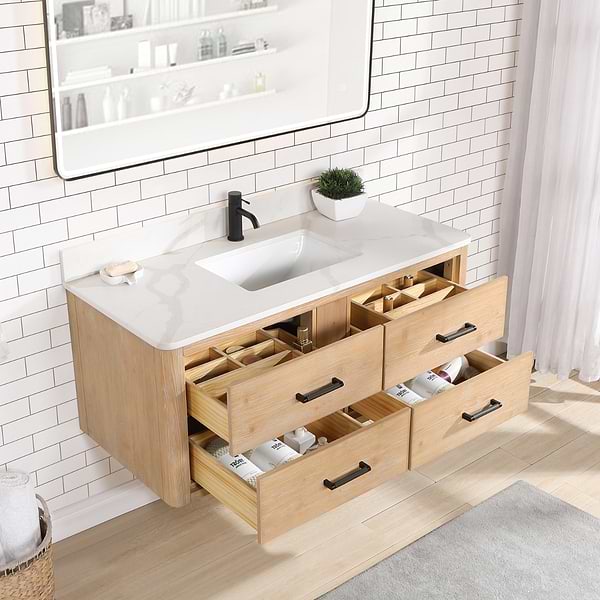 Riven Blonde Oak 48" Sinlge Vanity with Pacific White Quartz Top