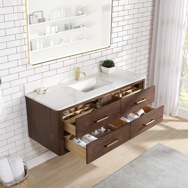 Riven Brown Oak 55" Single Vanity with Pacific White Quartz Top