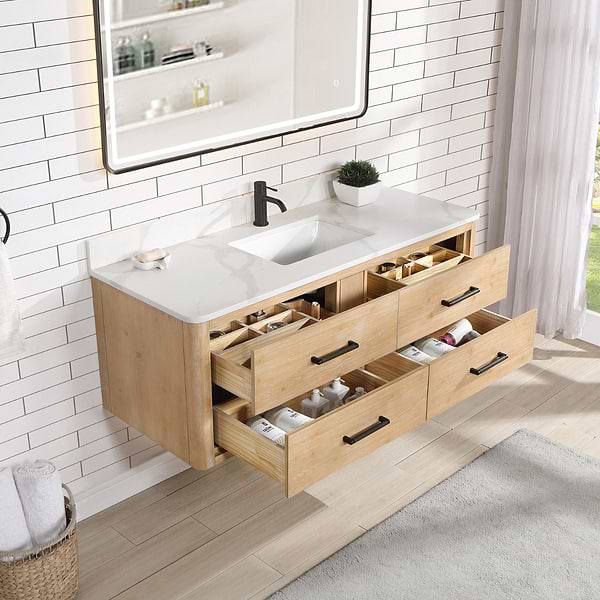 Riven Blonde Oak 55" Single Vanity with Pacific White Quartz Top