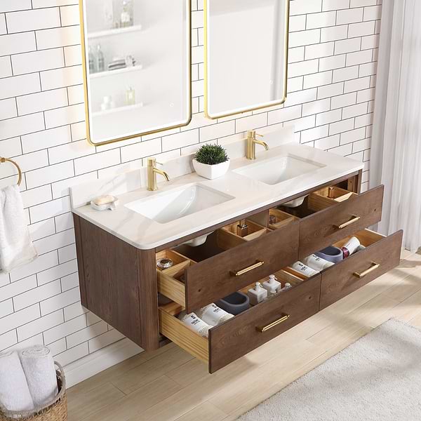 Riven Brown Oak 60" Double Vanity with Pacific White Quartz Top