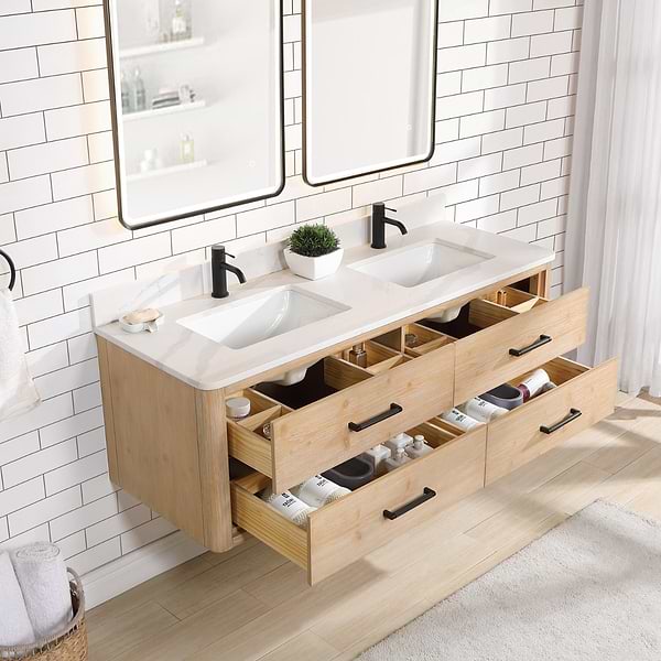 Riven Blonde Oak 60" Double Vanity with Pacific White Quartz Top