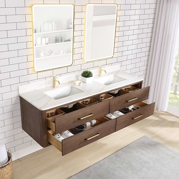 Riven Brown Oak 72" Double Vanity with Pacific White Quartz Top