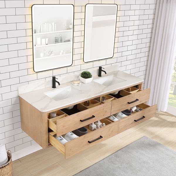 Riven Blonde Oak 72" Double Vanity with Pacific White Quartz Top