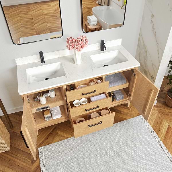 Kaitlin Blonde Oak 60" Double Vanity with White Composite Stone Top