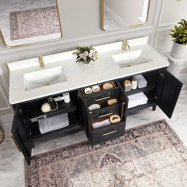 Kaitlin Black Oak 72" Double Vanity with White Composite Stone Top