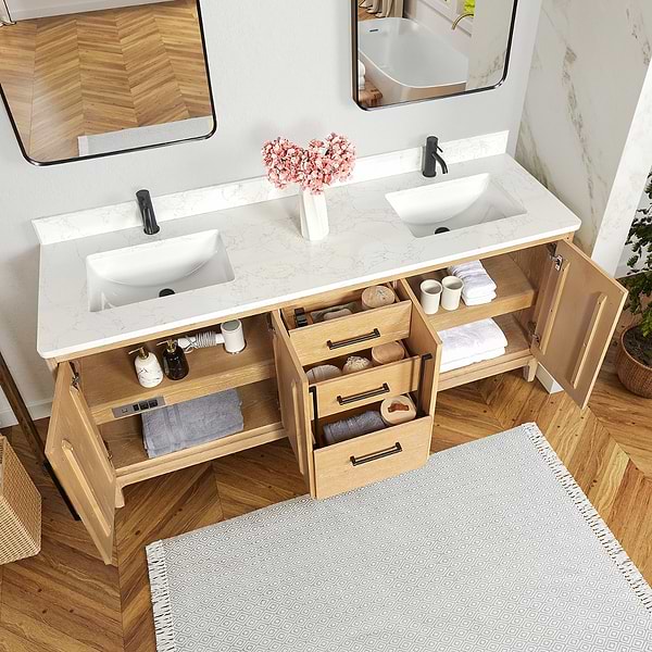 Kaitlin Blonde Oak 72" Double Vanity with White Composite Stone Top