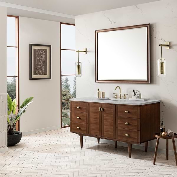 James Martin Vanities Amberly Mid-Century Walnut 60" Single Vanity with Eternal Jasmine Pearl Top