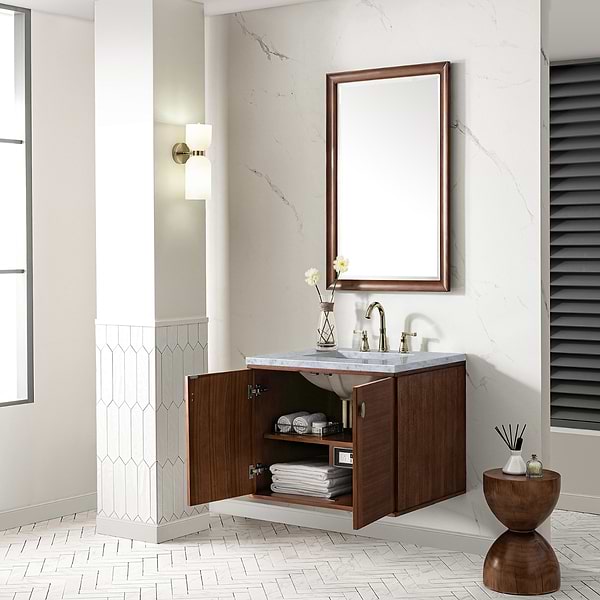 James Martin Vanities Amberly Mid-Century Walnut 30" Single Vanity with Carrara Marble Top