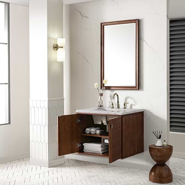 James Martin Vanities Amberly Mid-Century Walnut 30" Single Vanity with Eternal Jasmine Pearl Top