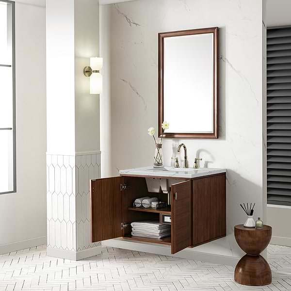 James Martin Vanities Amberly Mid-Century Walnut 30" Single Vanity with Ethereal Noctis Quartz Top