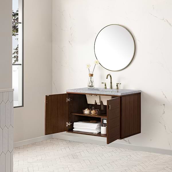James Martin Vanities Amberly Mid-Century Walnut 36" Single Vanity with Eternal Jasmine Pearl Top