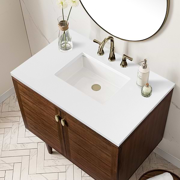 James Martin Vanities Amberly Mid-Century Walnut 36" Single Vanity with White Zeus Quartz Top