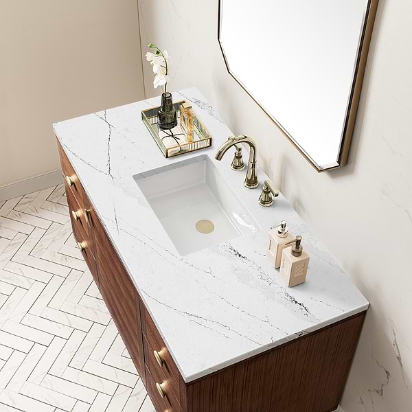 James Martin Vanities Amberly Mid-Century Walnut 48" Single Vanity with Ethereal Noctis Quartz Top
