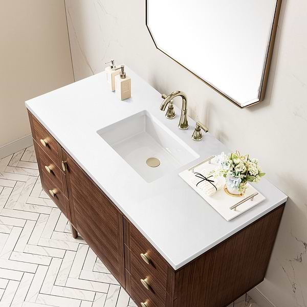 James Martin Vanities Amberly Mid-Century Walnut 48" Single Vanity with White Zeus Quartz Top
