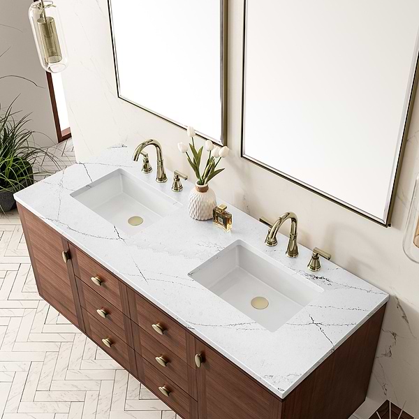 James Martin Vanities Amberly Mid-Century Walnut 60" Double Vanity with Ethereal Noctis Quartz Top