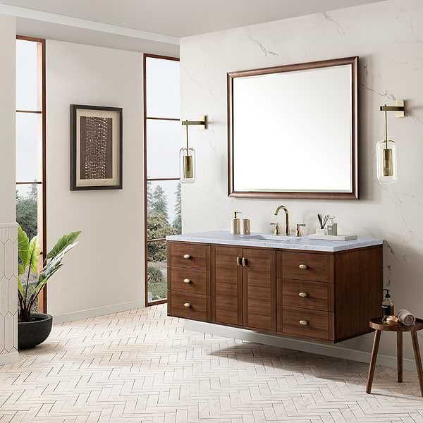 James Martin Vanities Amberly Mid-Century Walnut 60" Single Vanity with Carrara Marble Top