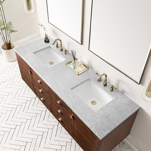 James Martin Vanities Amberly Mid-Century Walnut 72" Double Vanity with Carrara Marble Top