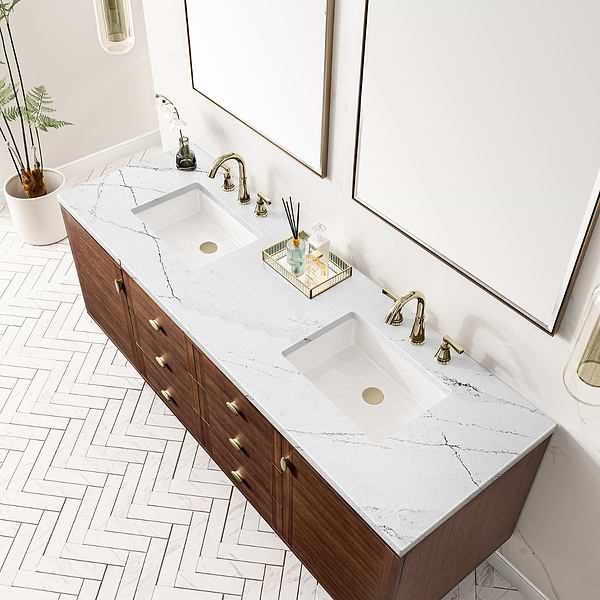 James Martin Vanities Amberly Mid-Century Walnut 72" Double Vanity with Ethereal Noctis Quartz Top