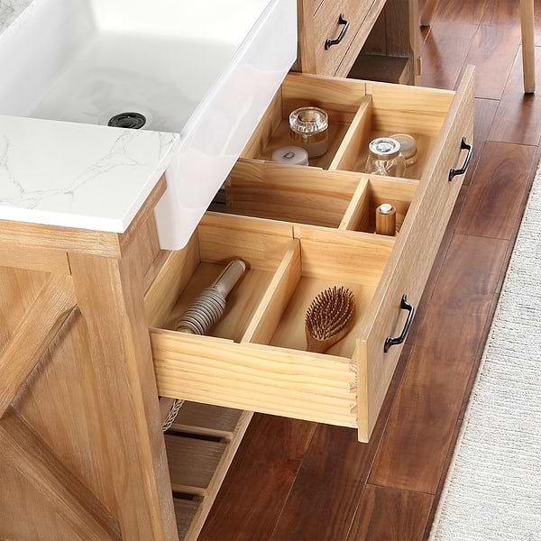 Inwood Blonde Oak 72" Double Vanity with White Stone Top and Farmhouse Sink