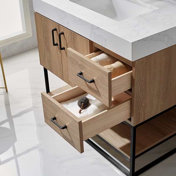Ithica White Oak 36" Single Vanity and Black Hardware with Atlantic Stone Top