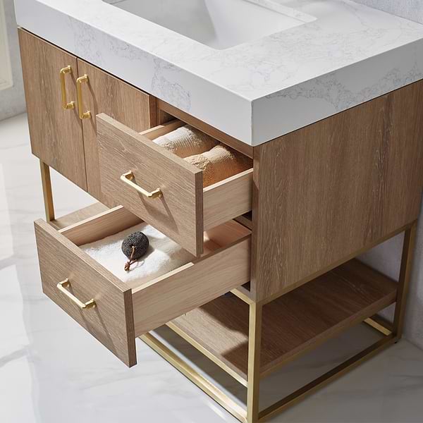 Ithica White Oak 36" Single Vanity and Gold Hardware with Atlantic Stone Top