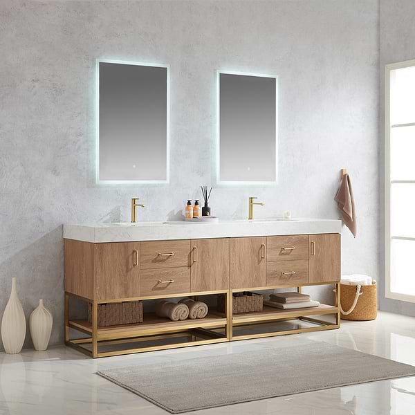 Ithica White Oak 84" Double Vanity and Gold Hardware with Atlantic Stone Top