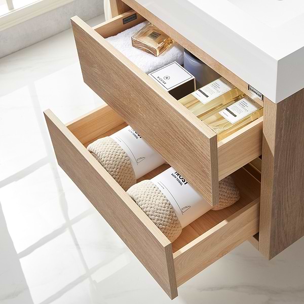 Serrano Blonde Oak 24" Single Floating Vanity with White Integrated Top