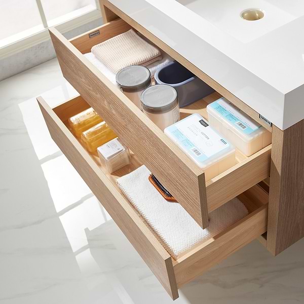 Serrano Blonde Oak 36" Single Floating Vanity with White Integrated Top