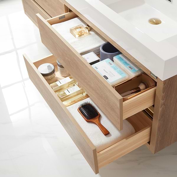 Serrano Blonde Oak 72" Double Floating Vanity with White Integrated Top