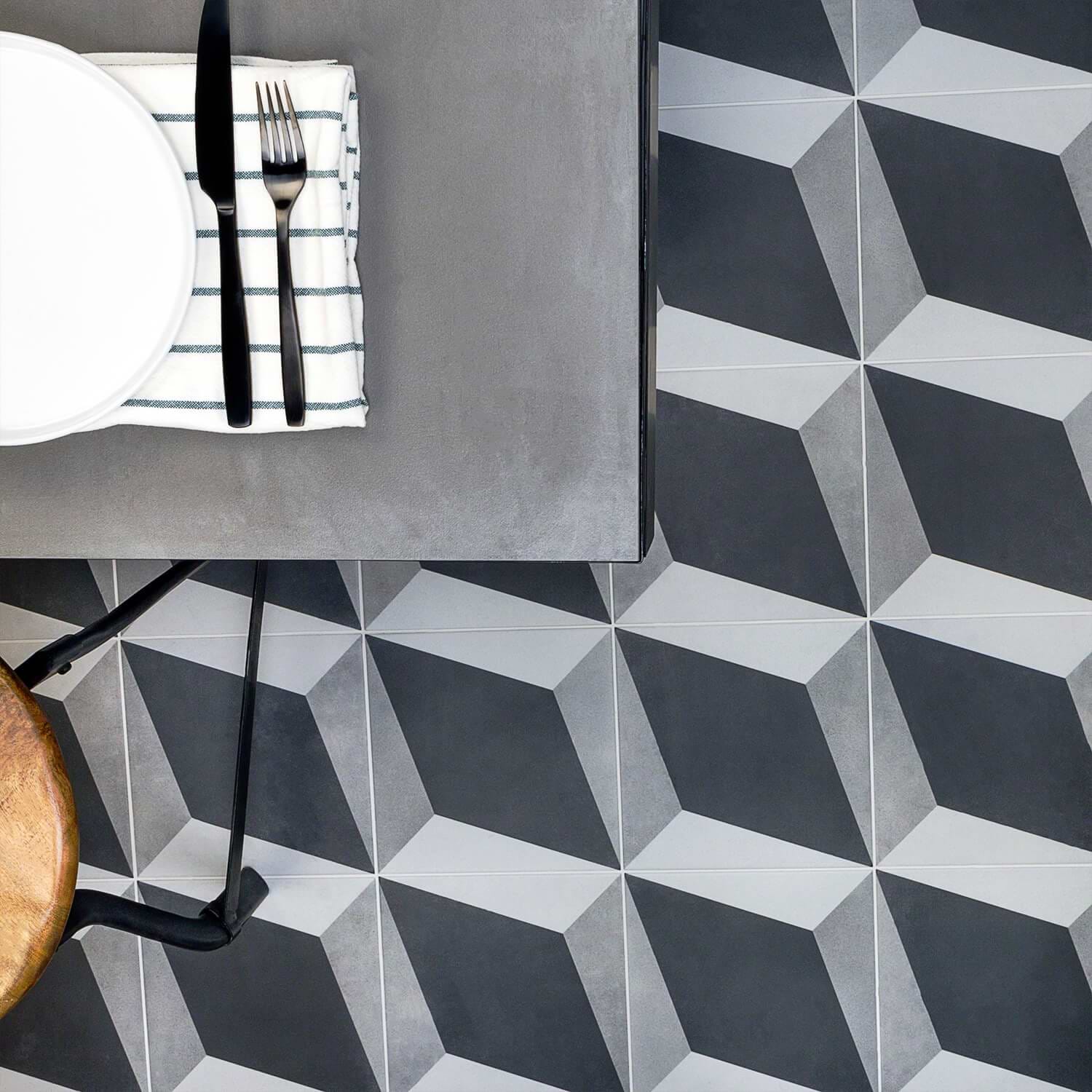 Cascais Block Gray 9x9 Matte Porcelain Tile; in Black + Gray + White  Porcelain; for Backsplash, Bathroom Floor, Bathroom Wall, Commercial Floor, Floor Tile, Kitchen Floor, Kitchen Wall, Outdoor Floor, Outdoor Wall, Shower Floor, Shower Wall, Wall Tile; in Style Ideas Mid Century