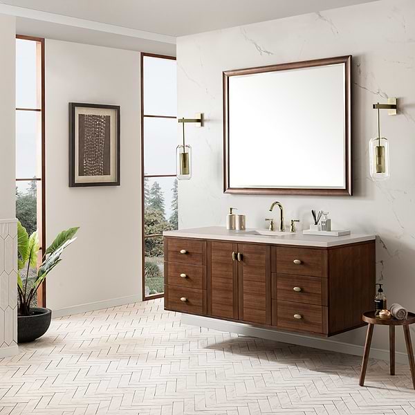 James Martin Vanities Amberly Mid-Century Walnut 60" Single Vanity with Eternal Marfil Quartz Top