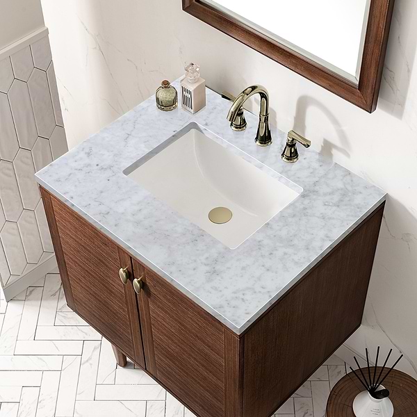 James Martin Vanities Amberly Mid-Century Walnut 30" Single Vanity with Carrara Marble Top
