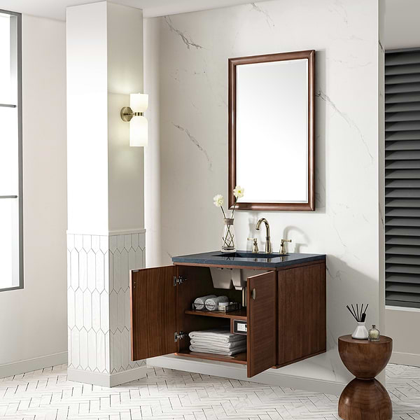 James Martin Vanities Amberly Mid-Century Walnut 30" Single Vanity with Charcoal Soapstone Quartz Top