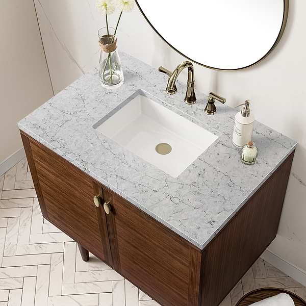James Martin Vanities Amberly Mid-Century Walnut 36" Single Vanity with Eternal Jasmine Pearl Top
