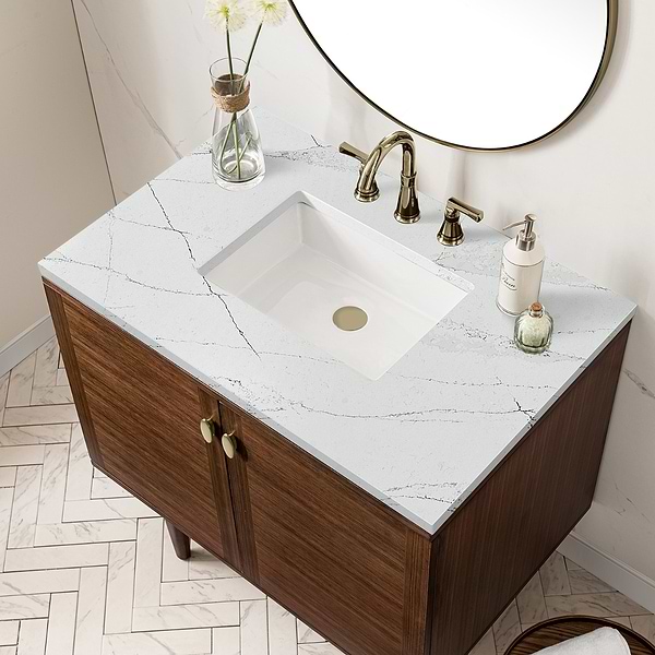 James Martin Vanities Amberly Mid-Century Walnut 36" Single Vanity with Ethereal Noctis Quartz Top