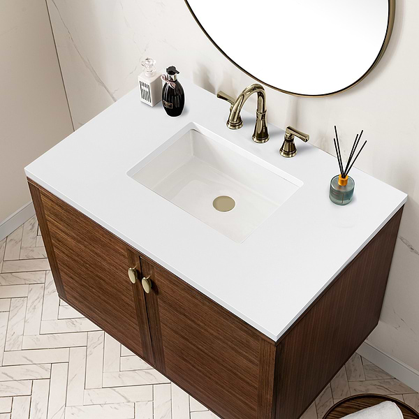 James Martin Vanities Amberly Mid-Century Walnut 36" Single Vanity with White Zeus Quartz Top