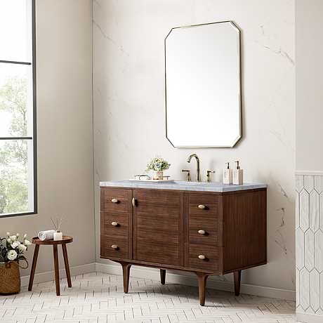 James Martin Vanities Amberly Mid-Century Walnut 48" Single Vanity with Carrara Marble Top