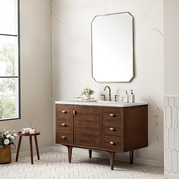 James Martin Vanities Amberly Mid-Century Walnut 48" Single Vanity with Ethereal Noctis Quartz Top