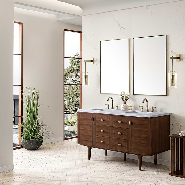 James Martin Vanities Amberly Mid-Century Walnut 60" Double Vanity with Carrara Marble Top