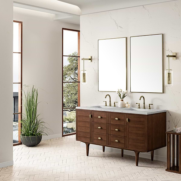 James Martin Vanities Amberly Mid-Century Walnut 60" Double Vanity with Eternal Jasmine Pearl Top