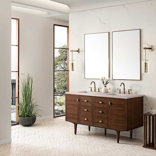 James Martin Vanities Amberly Mid-Century Walnut 60" Double Vanity with Eternal Marfil Quartz Top