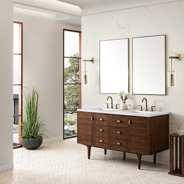 James Martin Vanities Amberly Mid-Century Walnut 60" Double Vanity with White Zeus Quartz Top