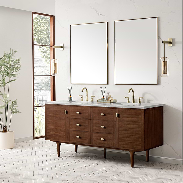 James Martin Vanities Amberly Mid-Century Walnut 72" Double Vanity with Eternal Jasmine Pearl Top