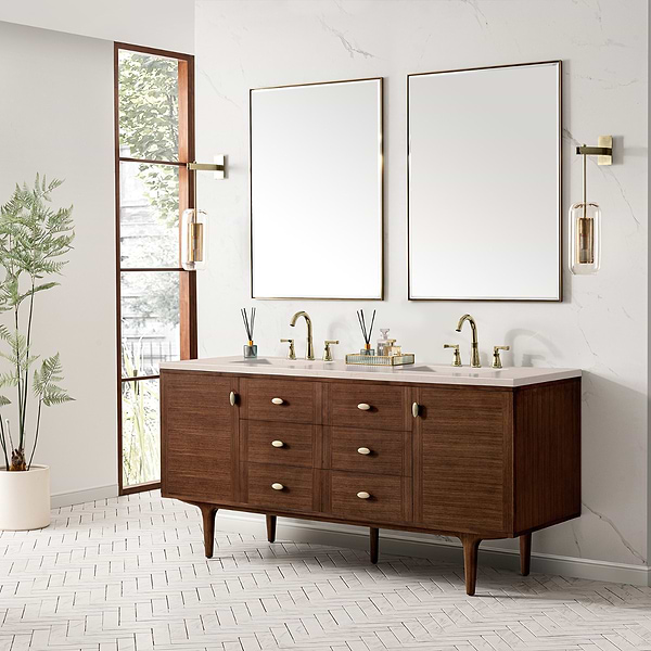 James Martin Vanities Amberly Mid-Century Walnut 72" Double Vanity with Eternal Marfil Quartz Top
