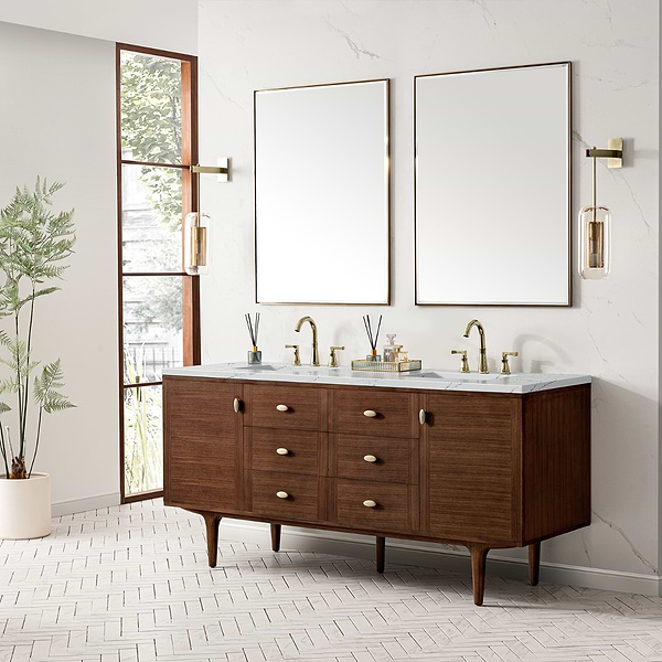 James Martin Vanities Amberly Mid-Century Walnut 72" Double Vanity with Ethereal Noctis Quartz Top