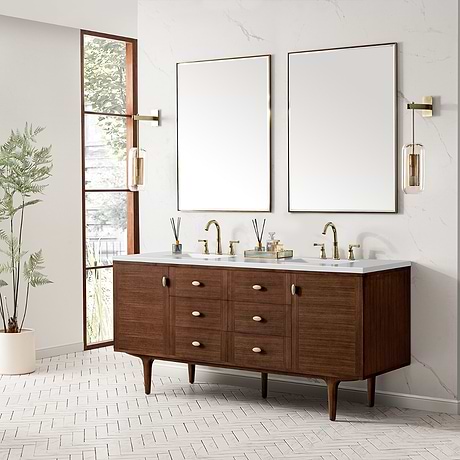 James Martin Vanities Amberly Mid-Century Walnut 72" Double Vanity with White Zeus Quartz Top