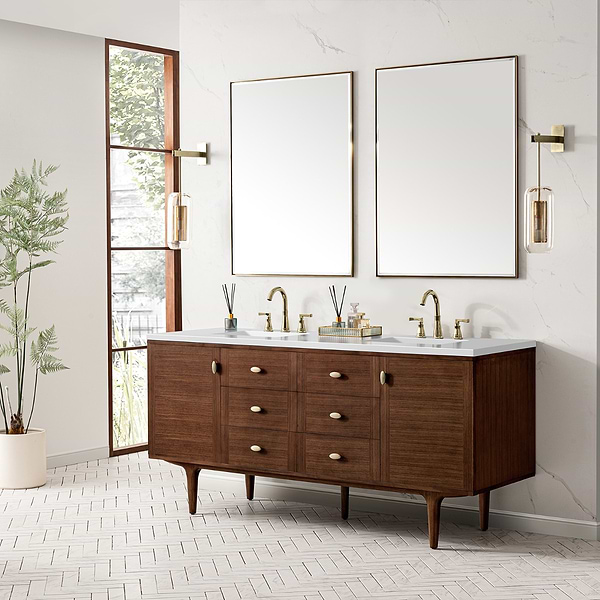 James Martin Vanities Amberly Mid-Century Walnut 72" Double Vanity with White Zeus Quartz Top