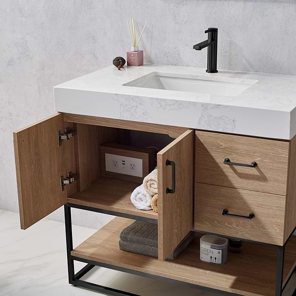 Ithica White Oak 36" Single Vanity and Black Hardware with Atlantic Stone Top