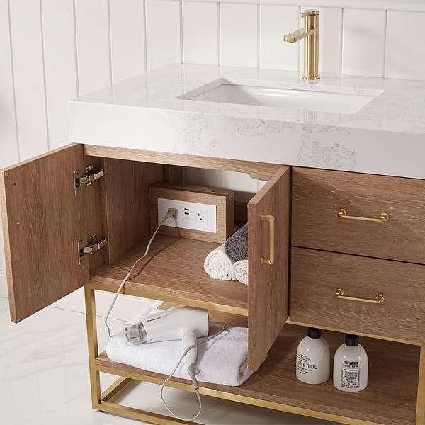 Ithica White Oak 36" Single Vanity and Gold Hardware with Atlantic Stone Top
